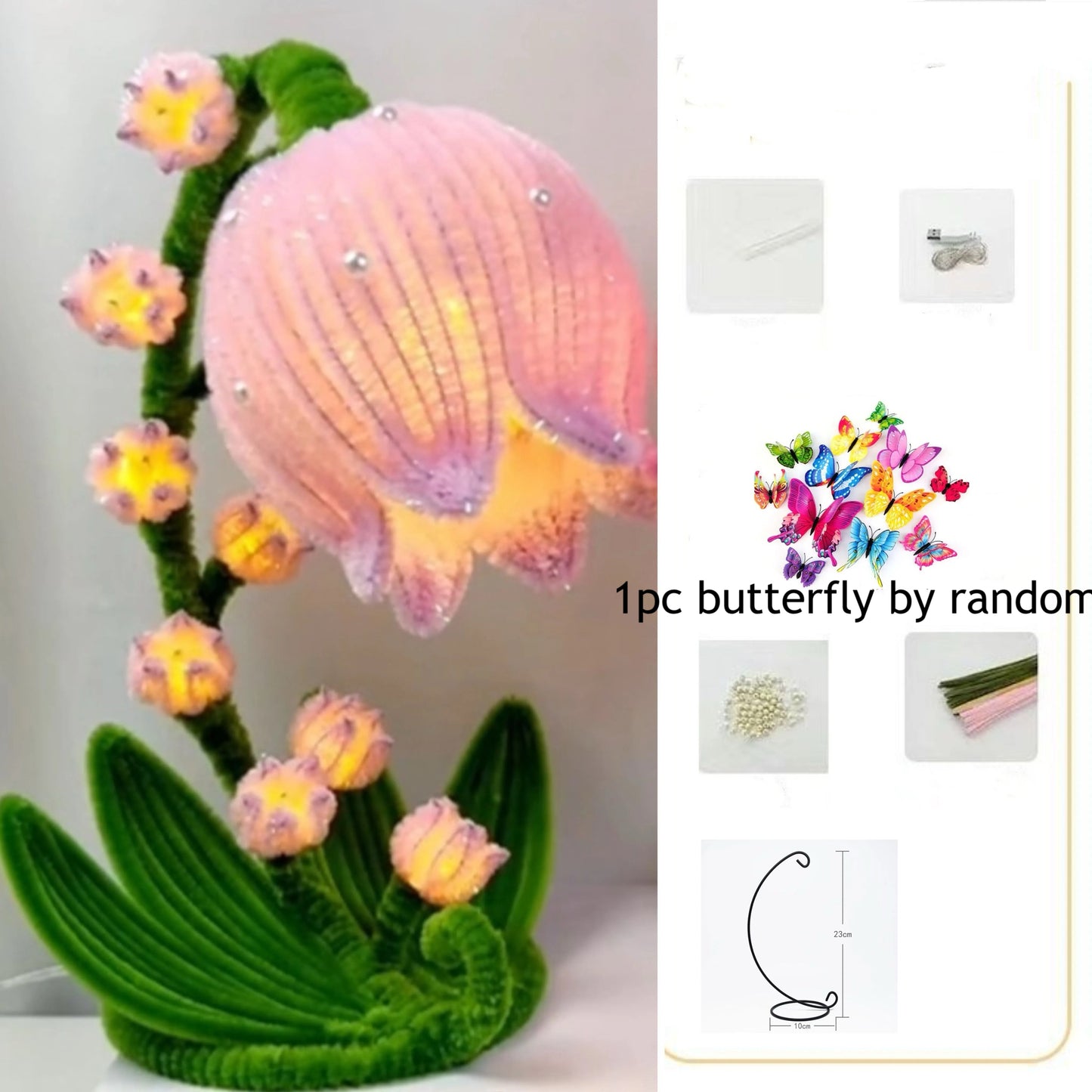 DIY kits Lily of the valley flower lamp glitter pipe cleaner kits with 1pcs butterfly for home decoration