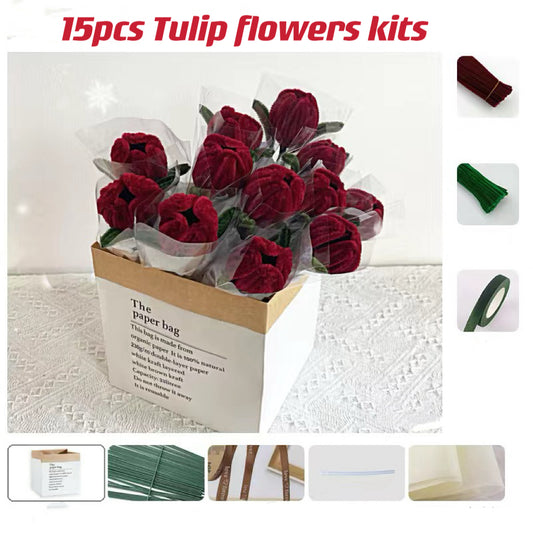 DIY Raw Material Tulip Flowers Kits Chenille Stems Pipe Cleaners Fuzzy Wire Whole Sets With Gift Bag Flowers Birthday Gift Home Craft Flowers Handcraft