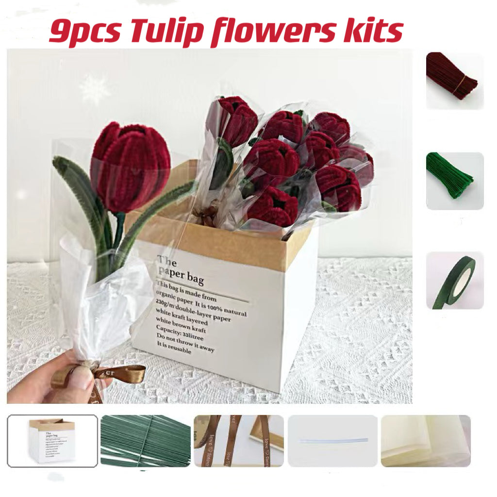 DIY Raw Material Tulip Flowers Kits Chenille Stems Pipe Cleaners Fuzzy Wire Whole Sets With Gift Bag Flowers Birthday Gift Home Craft Flowers Handcraft
