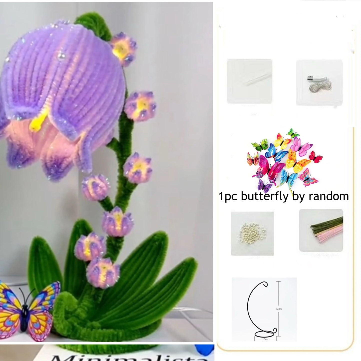 DIY kits Lily of the valley flower lamp glitter pipe cleaner kits with 1pcs butterfly for home decoration