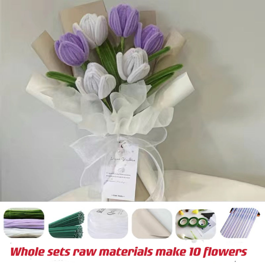 DIY Raw Material Tulip Flowers Kits Chenille Stems Pipe Cleaners Fuzzy Wire Whole Sets Flowers Birthday Gift Home Craft Flowers Handcraft