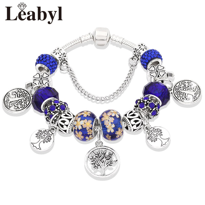 Dropshipping Silver Color Tree of Life Fashion Bead Bracelets Green Leaf Floral Crystal Charm Bracelet &amp; Bangle Pulsera Jewelry