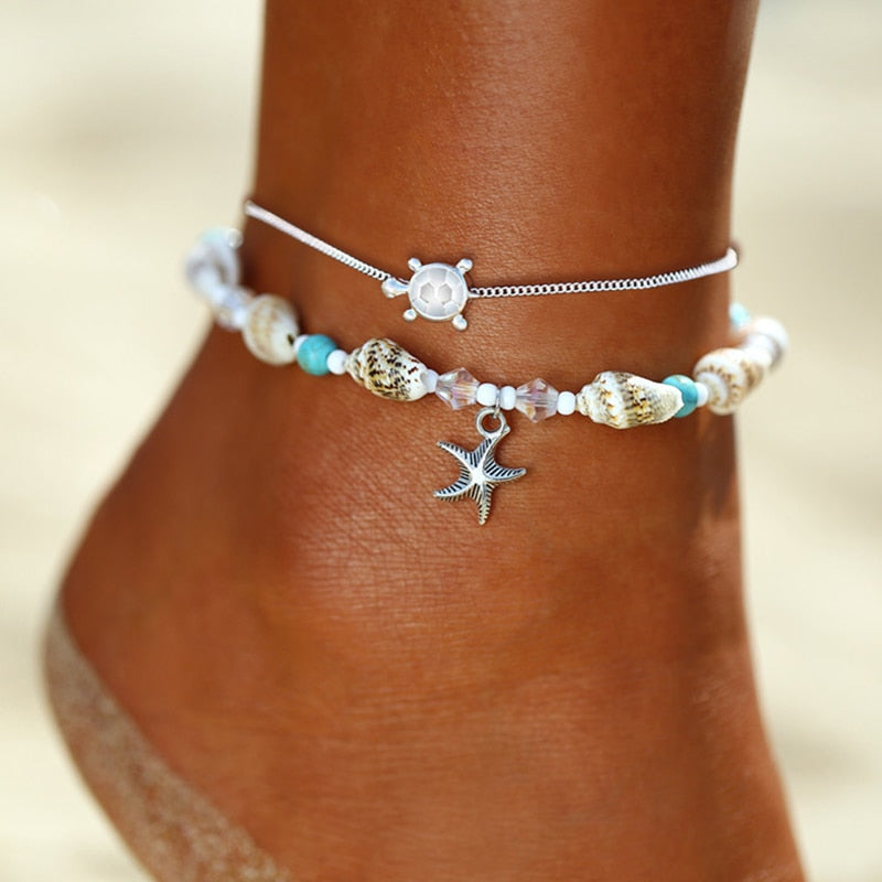 17KM Fashion Starfish Shell Anklets For Women Summer Multilayered Ocean Beach Star Sea Turtle Ankle Bracelet Foot Leg Jewelry