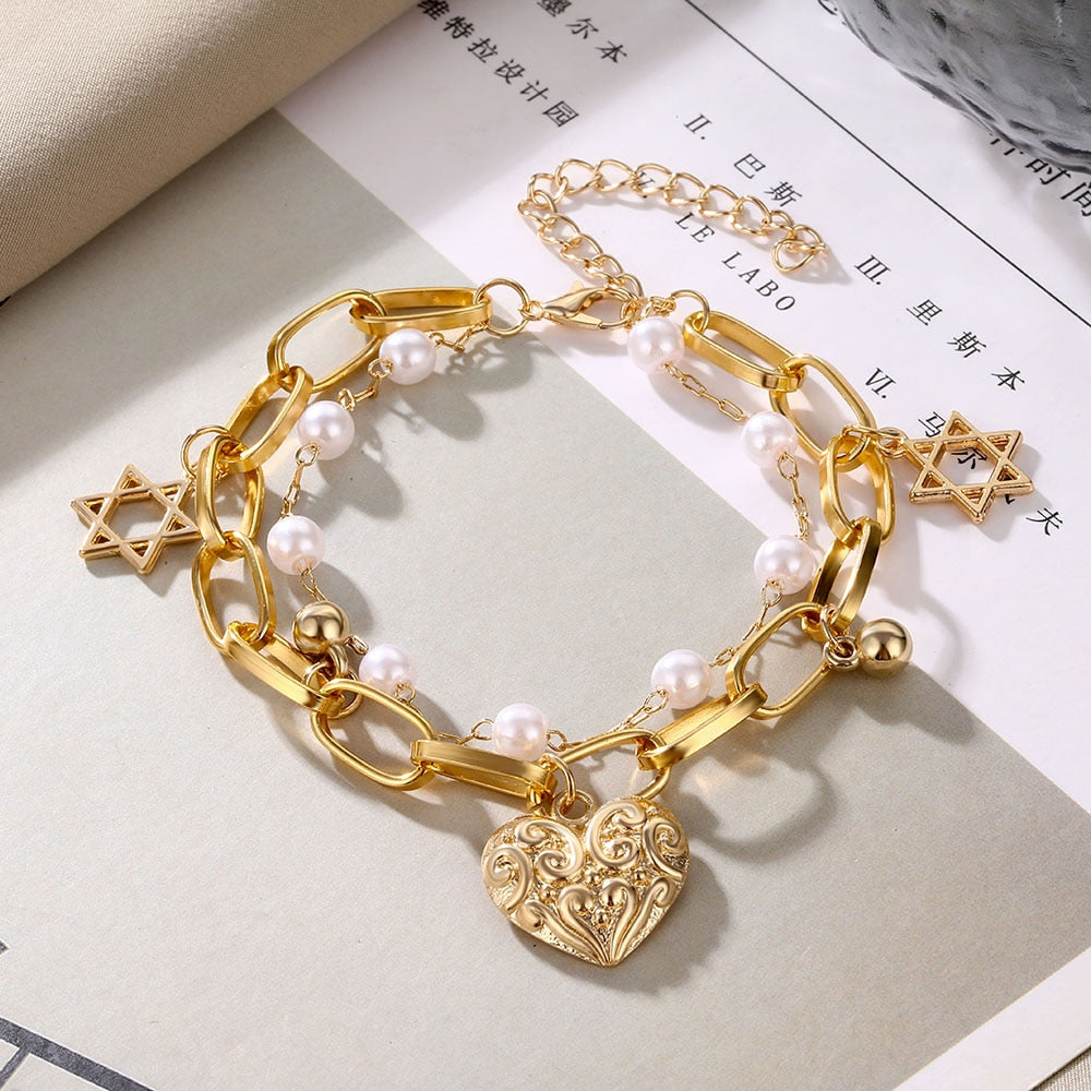 IPARAM Fashion Pearl Alloy Pendant Thick Chain Bracelet for Women Charm Imitation Pearl Heart Bracelet Bangle Party Jewelry