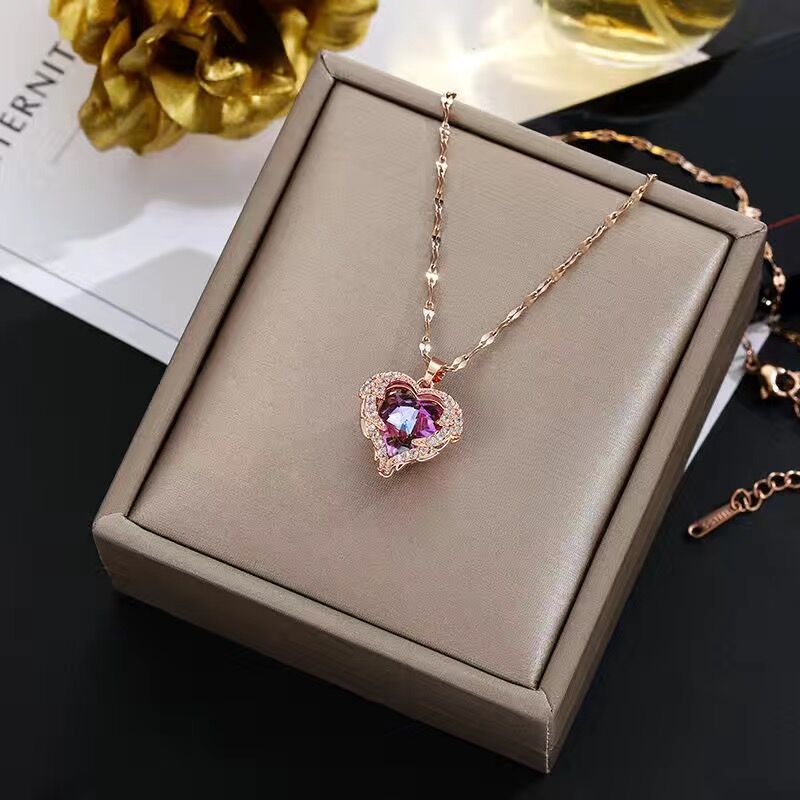 Luxury Zircon Crystal Ocean Heart Pendant Necklace For Women Korean Fashion Stainless Steel Jewelry Female Wedding Neck Chain