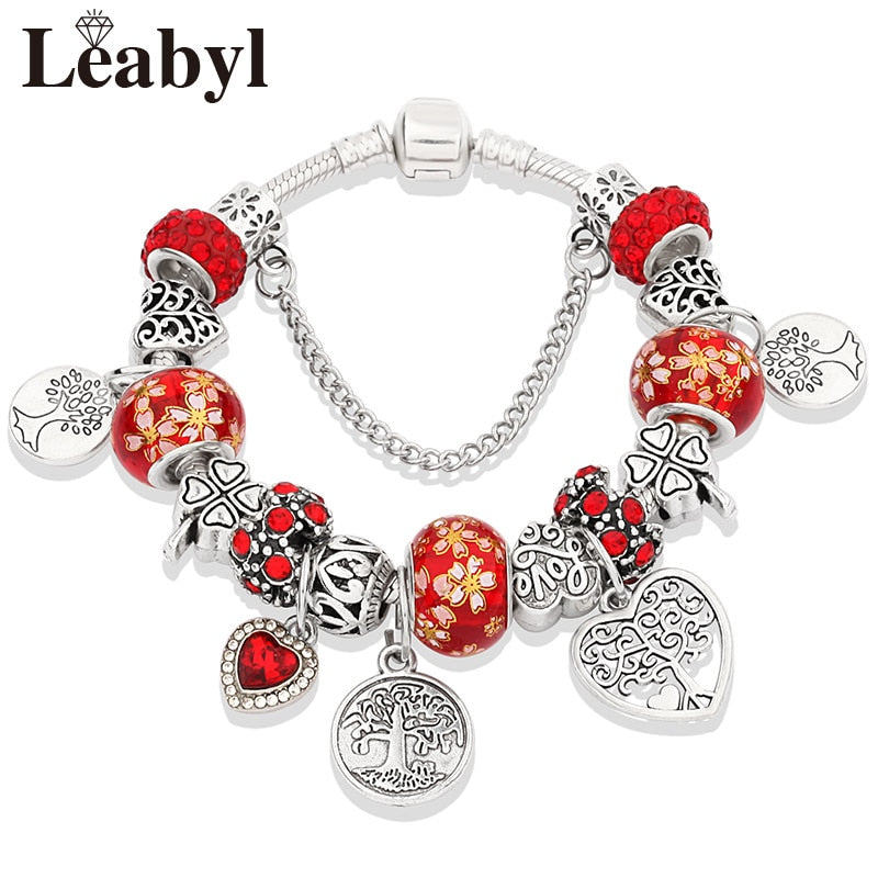 Dropshipping Silver Color Tree of Life Fashion Bead Bracelets Green Leaf Floral Crystal Charm Bracelet &amp; Bangle Pulsera Jewelry