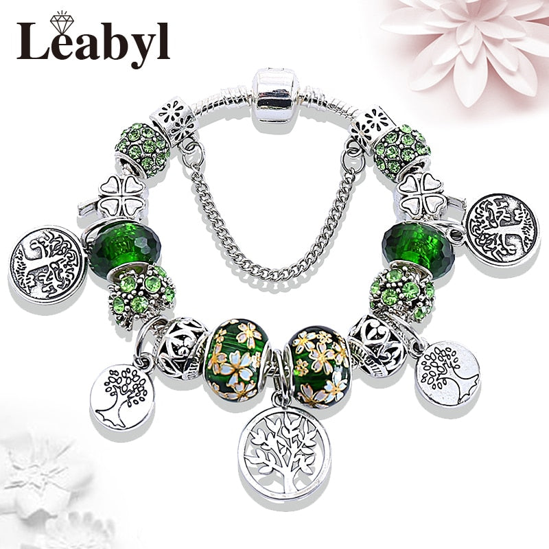Dropshipping Silver Color Tree of Life Fashion Bead Bracelets Green Leaf Floral Crystal Charm Bracelet &amp; Bangle Pulsera Jewelry