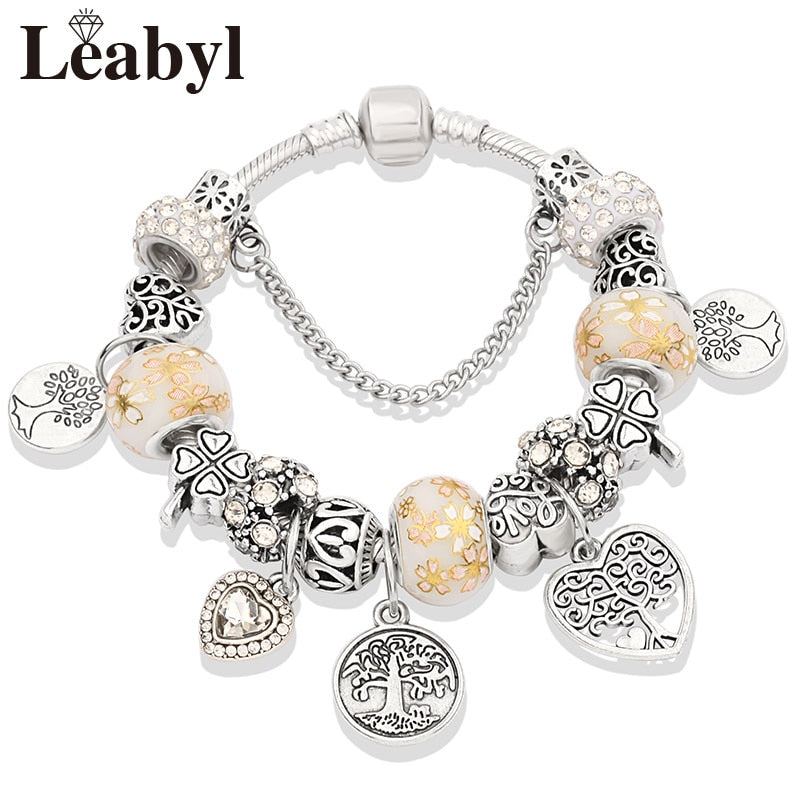 Dropshipping Silver Color Tree of Life Fashion Bead Bracelets Green Leaf Floral Crystal Charm Bracelet &amp; Bangle Pulsera Jewelry