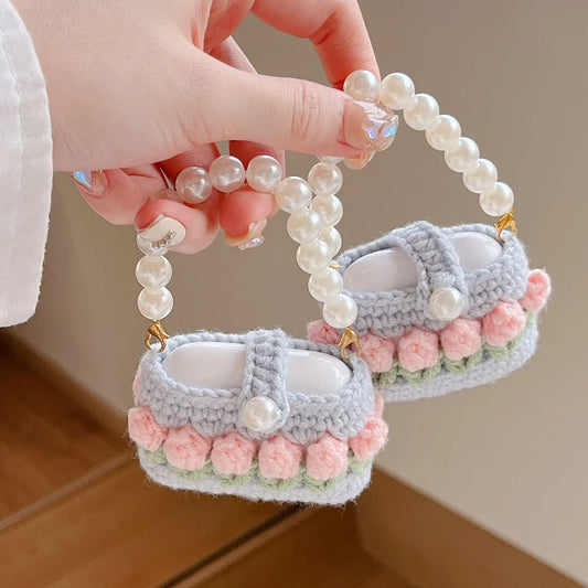 Fashion Tulip Flowers Knitting Plush Case Pearl Bracelet Bag For AirPods 3 case AirPods Pro 2 1 Case Lovely Soft Earphone Cover