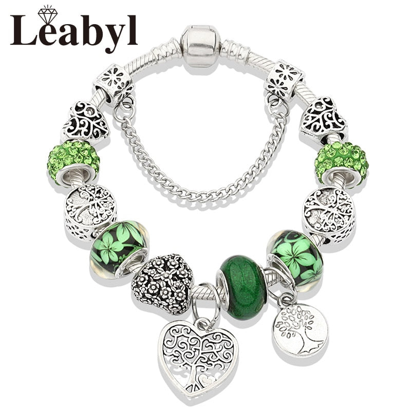 Dropshipping Silver Color Tree of Life Fashion Bead Bracelets Green Leaf Floral Crystal Charm Bracelet &amp; Bangle Pulsera Jewelry