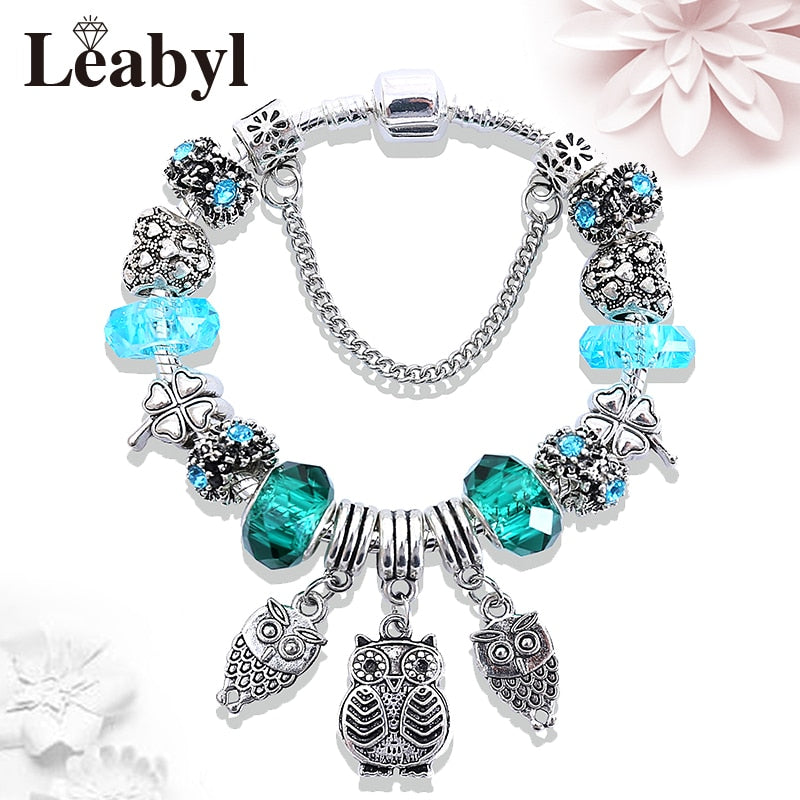 Dropshipping Silver Color Tree of Life Fashion Bead Bracelets Green Leaf Floral Crystal Charm Bracelet &amp; Bangle Pulsera Jewelry