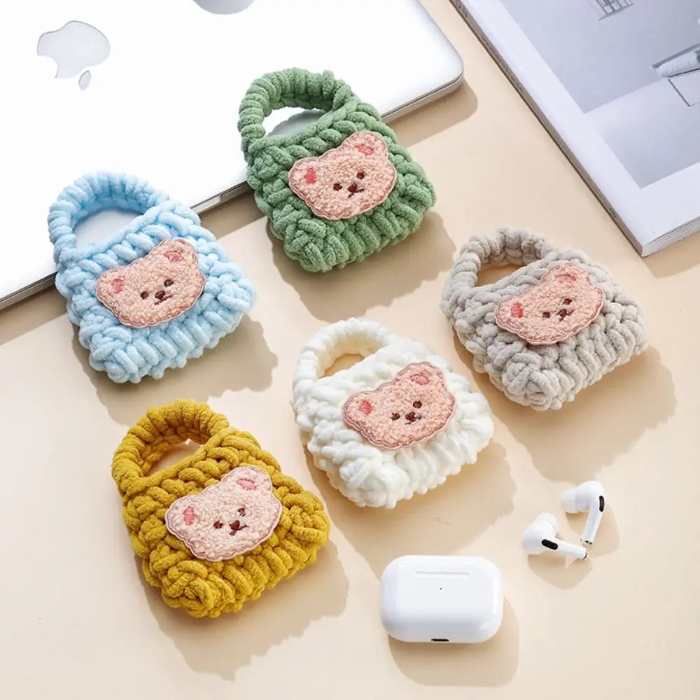 Plush Knitting Bear Bag Shell For Airports 1 2 Pro/Airpods 3 Pro 2 Headset Case Fluffy Bluetooth Earphone Charging Box Cover