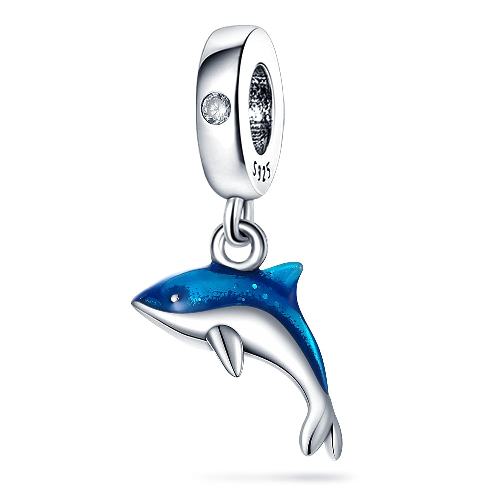Ocean Charms 925 Sterling Silver Seashell Dolphin Mermaid Tail Blue Charms Fit Pandora Original Bracelet DIY Fashion Jewelry