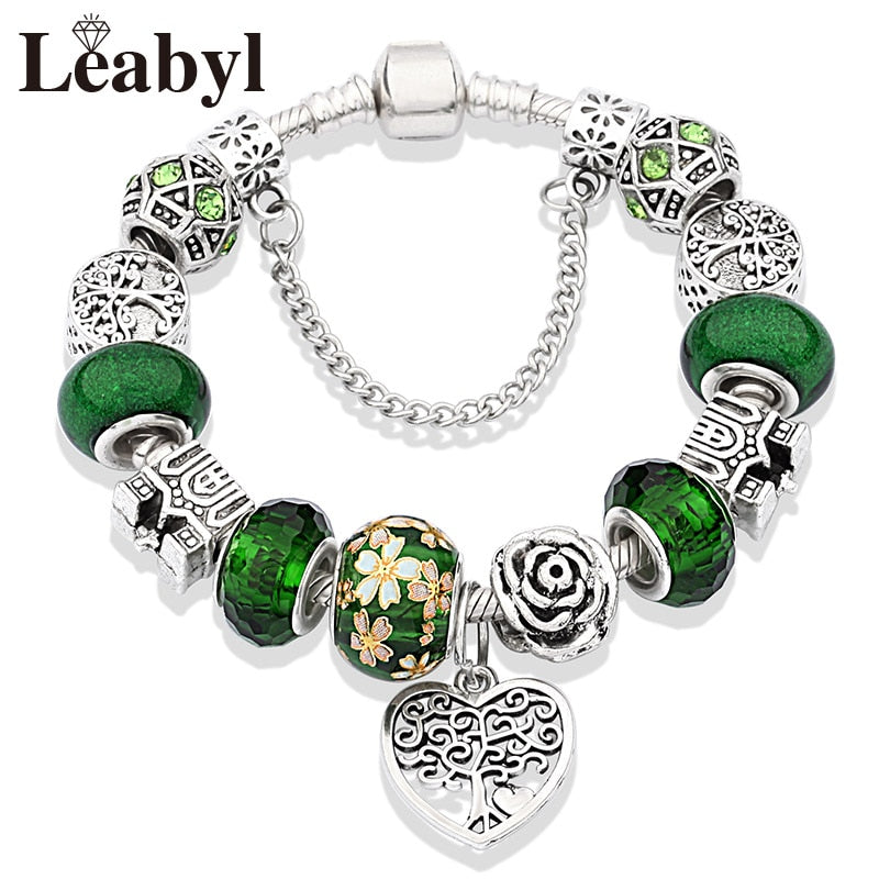 Dropshipping Silver Color Tree of Life Fashion Bead Bracelets Green Leaf Floral Crystal Charm Bracelet &amp; Bangle Pulsera Jewelry