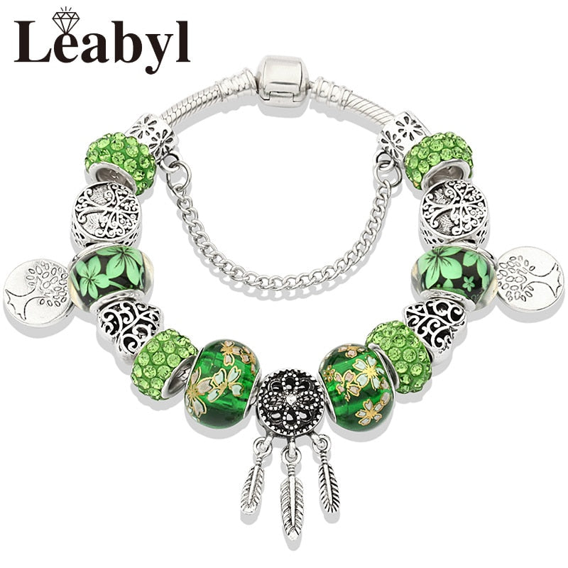 Dropshipping Silver Color Tree of Life Fashion Bead Bracelets Green Leaf Floral Crystal Charm Bracelet &amp; Bangle Pulsera Jewelry