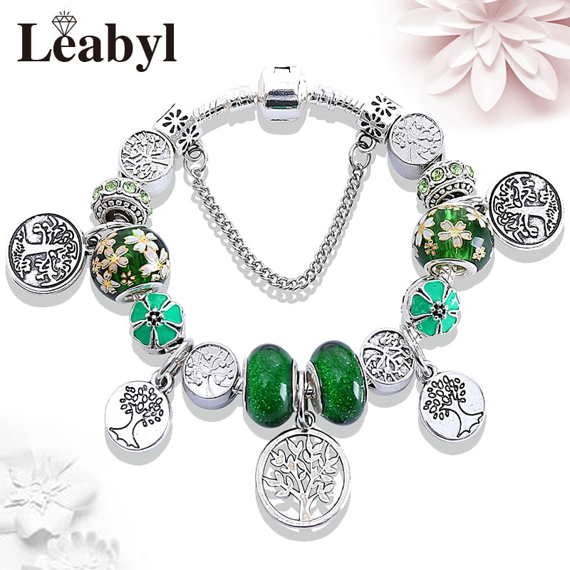 Dropshipping Silver Color Tree of Life Fashion Bead Bracelets Green Leaf Floral Crystal Charm Bracelet &amp; Bangle Pulsera Jewelry