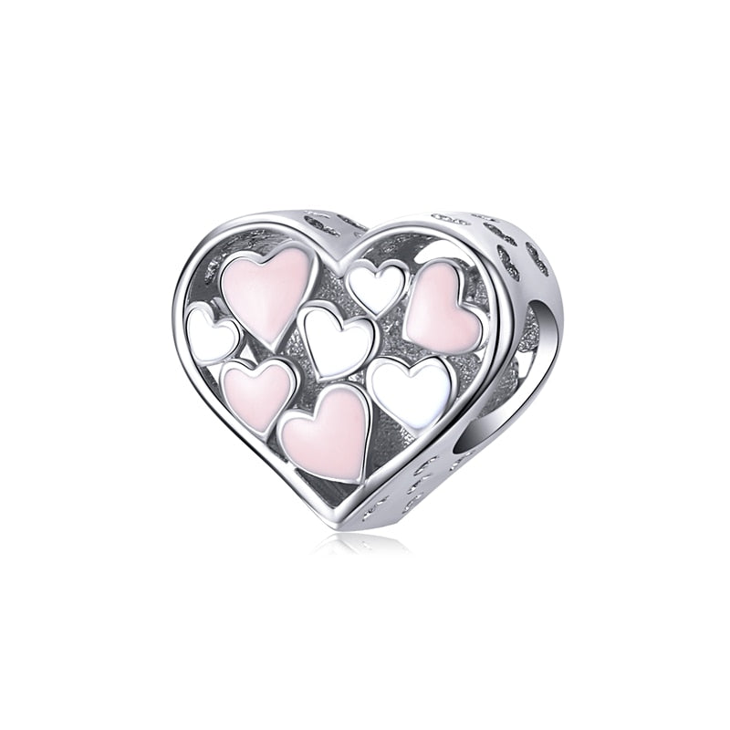 BISAER 925 Sterling Silver Heart Series Charm Bead Colorful Zircon Pendant Fit Family Mother&#39;s Day Birthday Bracelet DIY Jewelry