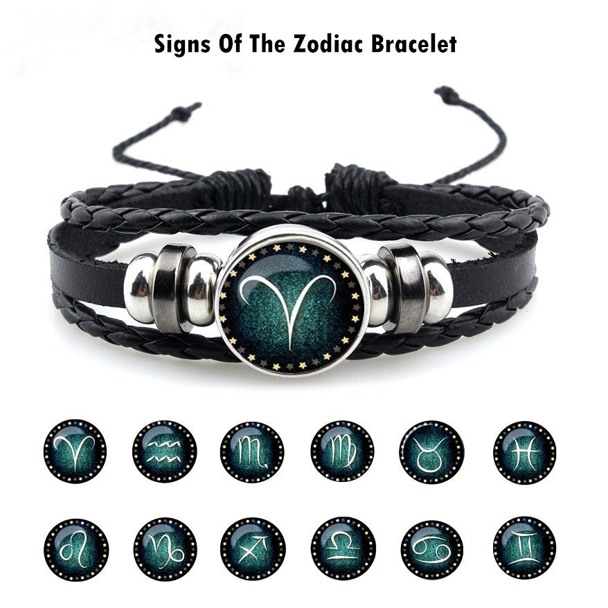 Zodiac Cowhide Couple bracelet, Personalized Retro Woven Boy Friend Bracelet, Multi-layer Gemstone Girl Friend Bracelet, Men's and Women's Zodiac Bracelet