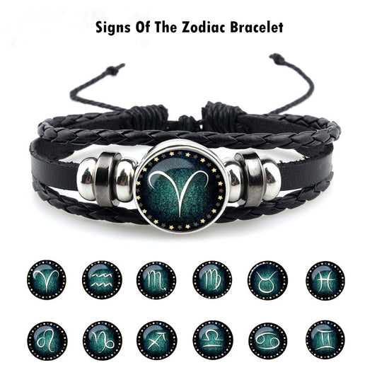 Zodiac Cowhide Couple bracelet, Personalized Retro Woven Boy Friend Bracelet, Multi-layer Gemstone Girl Friend Bracelet, Men's and Women's Zodiac Bracelet