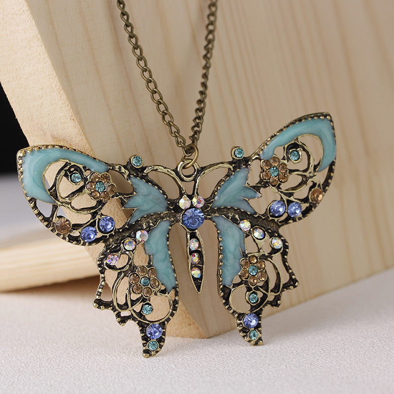 Handmade Retro Vintage Hollow Oil Drop Butterfly Sweater Chain Necklace - Duo Fashion