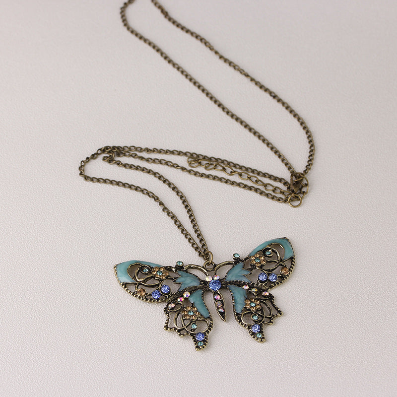 Handmade Retro Vintage Hollow Oil Drop Butterfly Sweater Chain Necklace - Duo Fashion