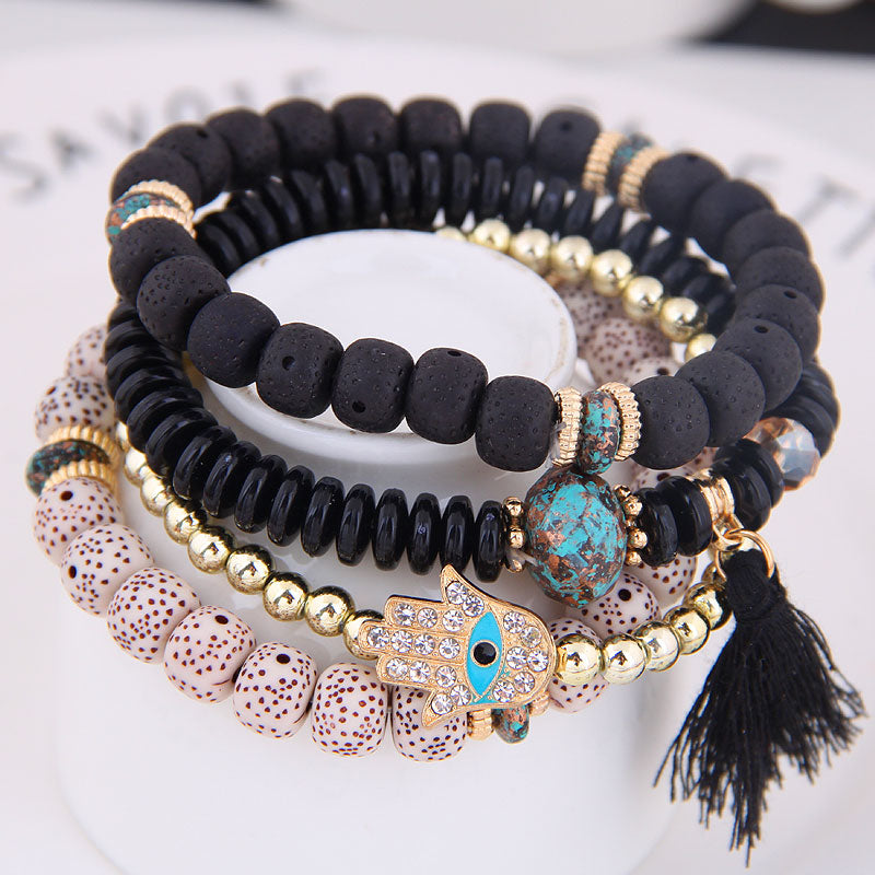 Heart Charm Beads Bracelets Set Women Lava Stone Multilayer Bohemia Bracelet Resin Beads Bracelets For Women Bijoux