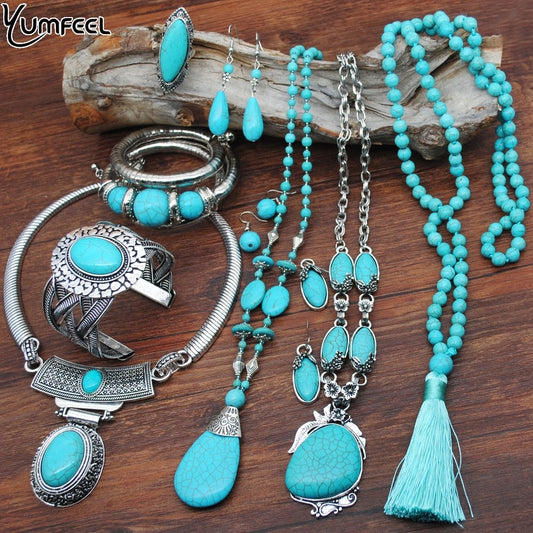 Yumfeel New Turquoise Bracelet Jewelry Set Vintage Silver Plated Necklace Bracelet Earring Ring Jewelry Sets Women