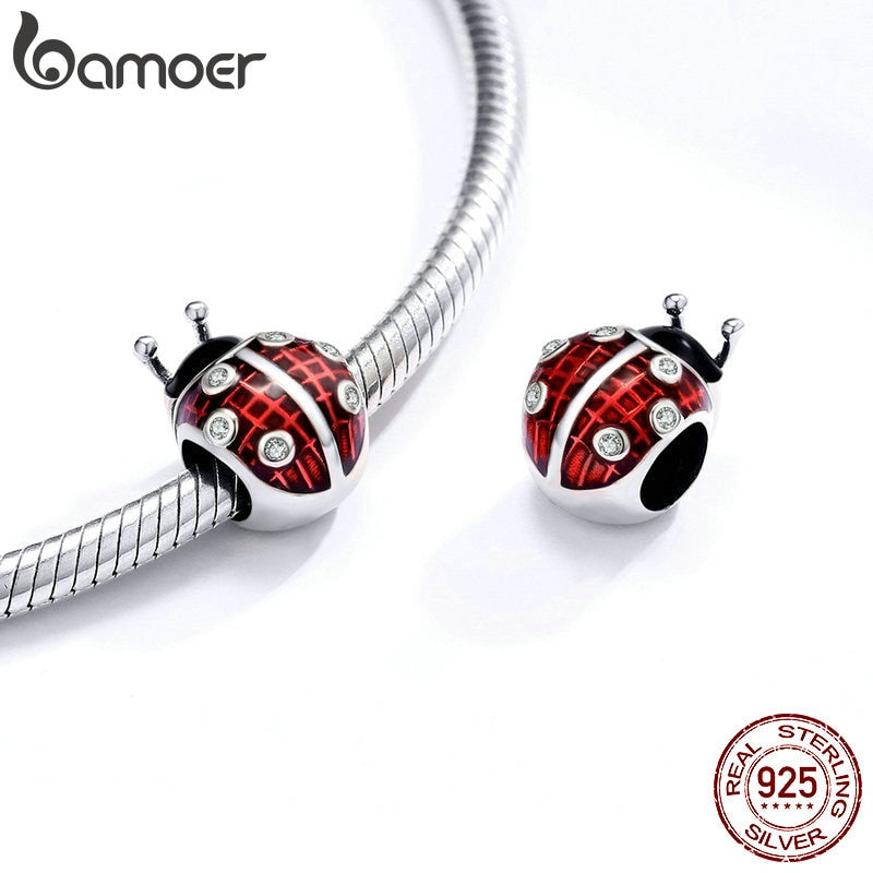 Bamoer Ladybug Logam Beads untuk Wanita Perhiasan Membuat 925 Sterling Silver Enamel Merah Pesona Fit Asli Gelang DIY SCC1481