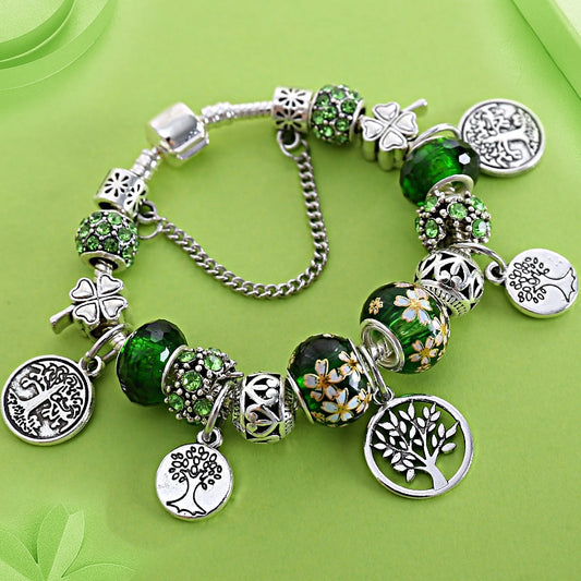 Dropshipping Silver Color Tree of Life Fashion Bead Bracelets Green Leaf Floral Crystal Charm Bracelet &amp; Bangle Pulsera Jewelry