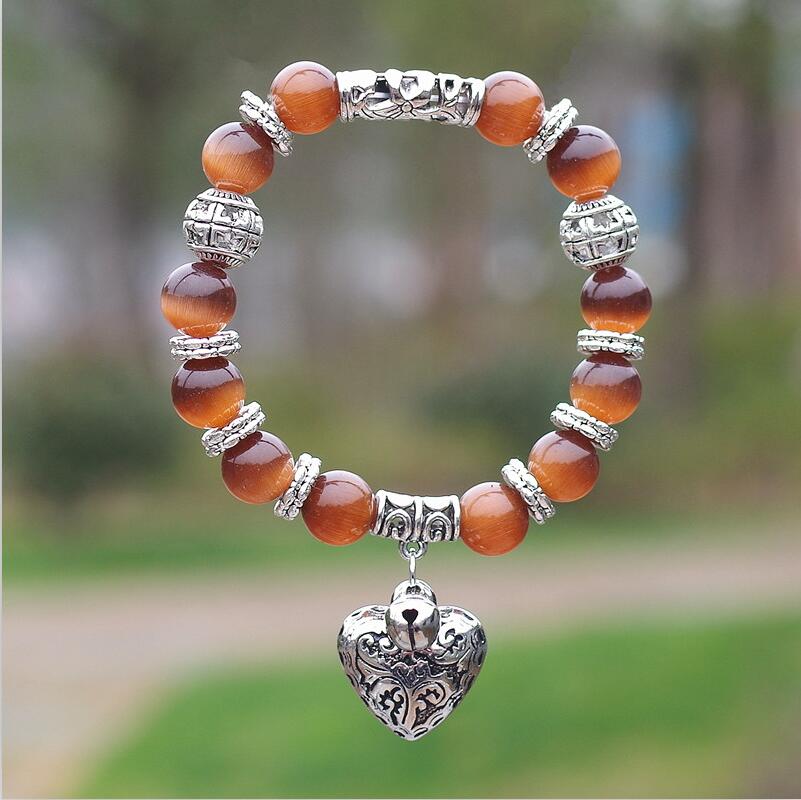 Tiger Eye Natural Stone Bracelet with Heart Pendant Charms Strand Bracelet 10mm Opal Obsidian DIY Beaded Bracelet for Women Men