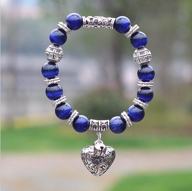 Tiger Eye Natural Stone Bracelet with Heart Pendant Charms Strand Bracelet 10mm Opal Obsidian DIY Beaded Bracelet for Women Men