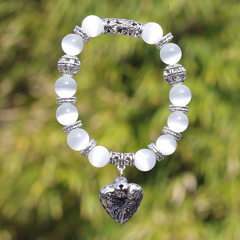 Tiger Eye Natural Stone Bracelet with Heart Pendant Charms Strand Bracelet 10mm Opal Obsidian DIY Beaded Bracelet for Women Men