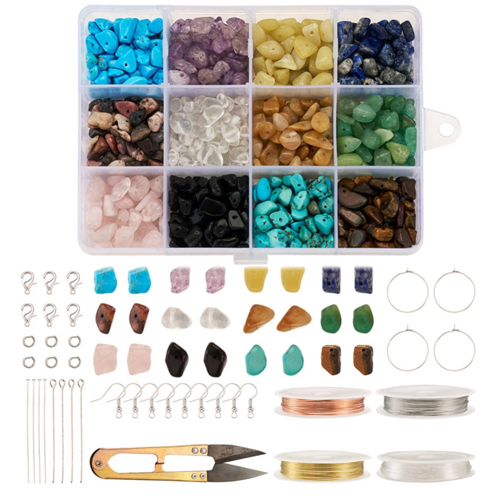 1Set Natural &amp; Sintetis Batu Permata Manik-manik dengan Kawat Tembaga Perhiasan Bakat Temuan untuk DIY Anting-Anting Kalung Gelang Membuat F50