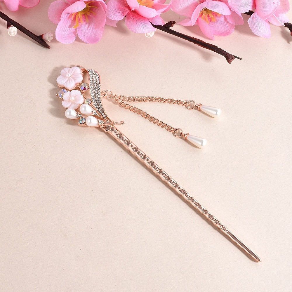 China Classical Style Flower Leaves Hairpins Crystal Rhinestone Tassel Hair Sticks Silver Hair Combs Wedding Hair Accessories