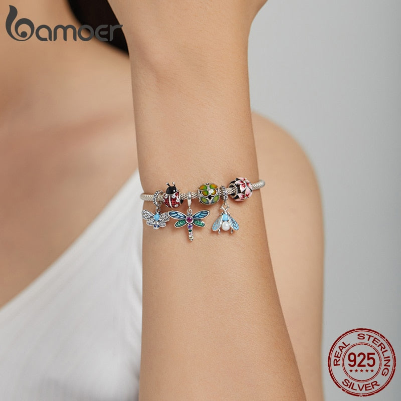 bamoer Ladybug Metal Beads for Women Jewelry Making 925 Sterling Silver Red Enamel Charm fit Original Bracelet DIY SCC1481