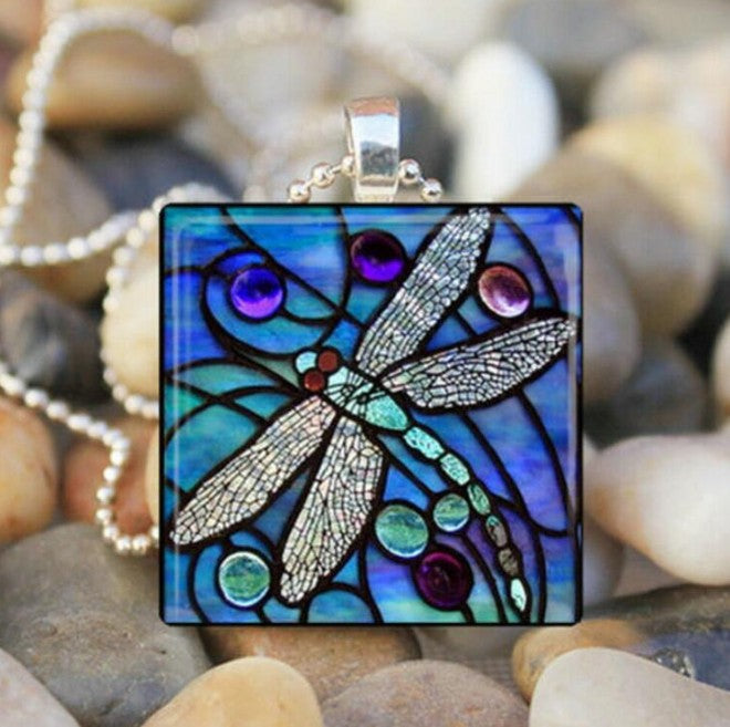 Handmade Painted Necklace Owl Blue Dragonfly Insect Glass Pendant Ornament Square - Duo Fashion