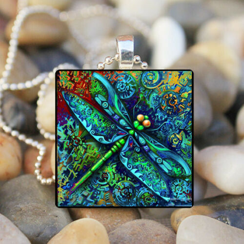 Handmade Painted Necklace Owl Blue Dragonfly Insect Glass Pendant Ornament Square - Duo Fashion