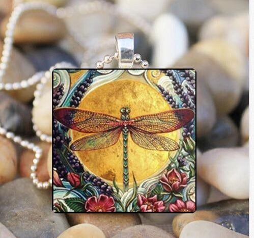 Handmade Painted Necklace Owl Blue Dragonfly Insect Glass Pendant Ornament Square - Duo Fashion