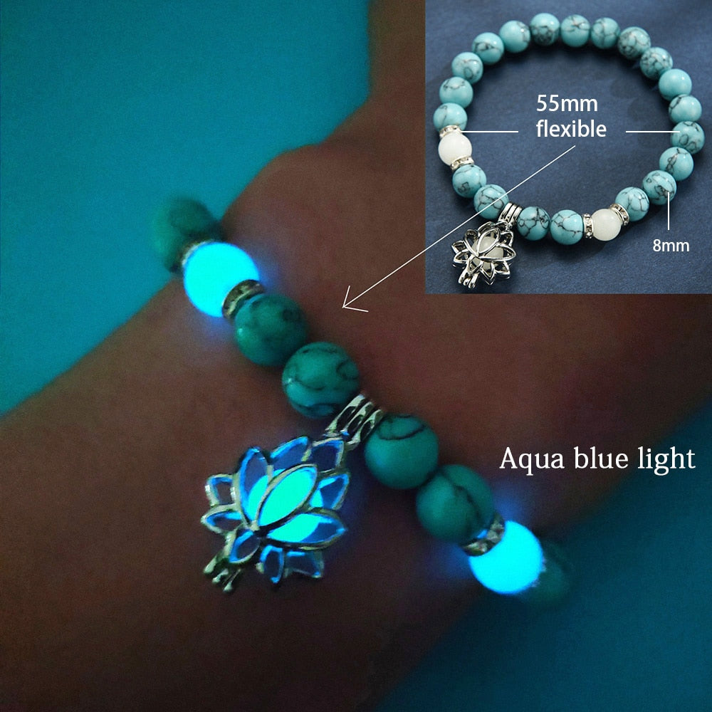 Natural Stone Bracelet Yoga Healing Luminous Glow In The Dark Bracelet Lotus Charm Beads Bracelet for Men Women Prayer Buddhism