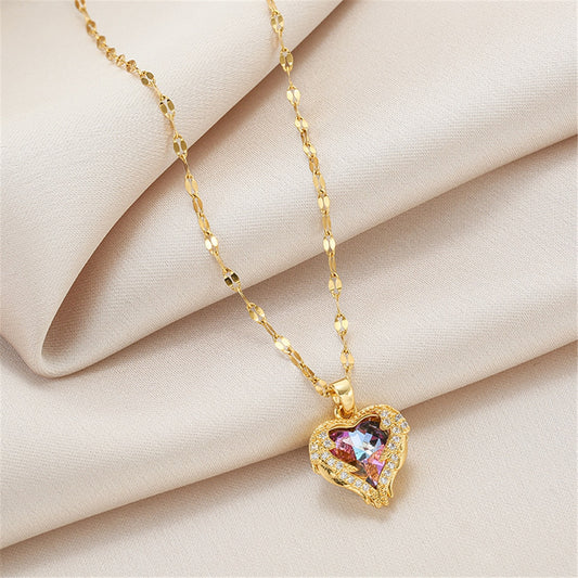 Luxury Zircon Crystal Ocean Heart Pendant Necklace For Women Korean Fashion Stainless Steel Jewelry Female Wedding Neck Chain