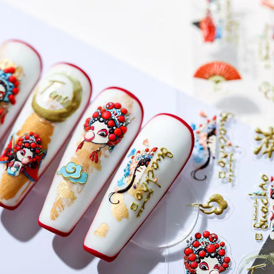 Stiker kuku decal budaya opera lucu populer bunga 3d nail art bungkus patch perekat diri 