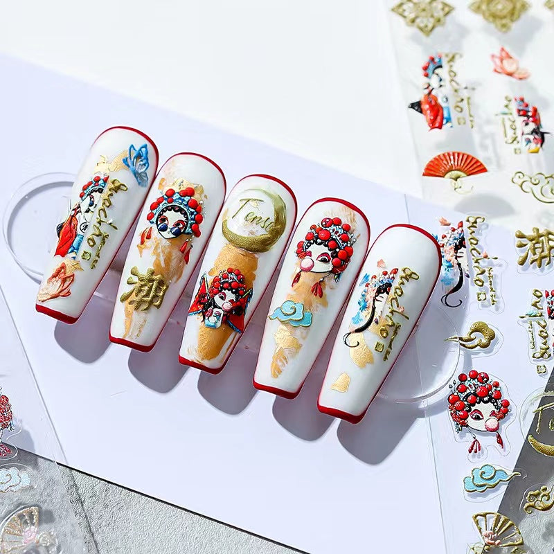 Nail decal stickers cute opera culture popular flower 3d nail art wrap patch self adhesive