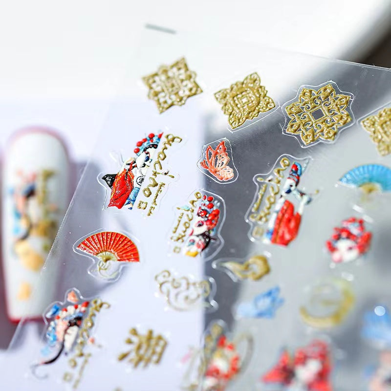 Stiker kuku decal budaya opera lucu populer bunga 3d nail art bungkus patch perekat diri 