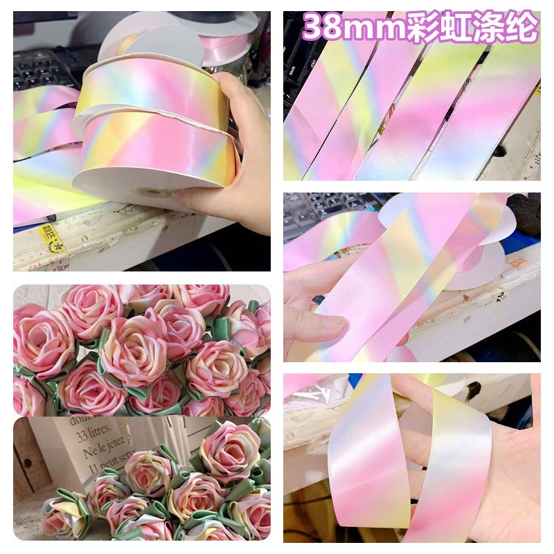 Handmade diy colorful satin ribbon with golden edge for ribbon flower handcraft birthday gift