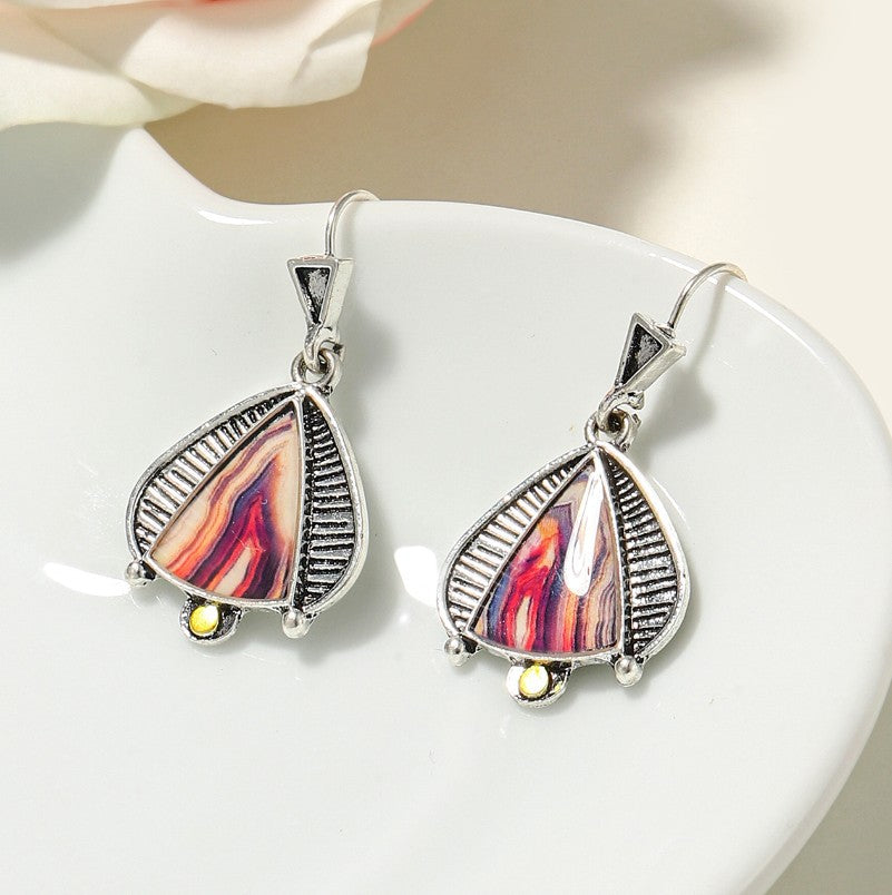 Handmade retro agate stone earrings laguna lace creative triangle drop-shaped swing earrings - Duo Fashion