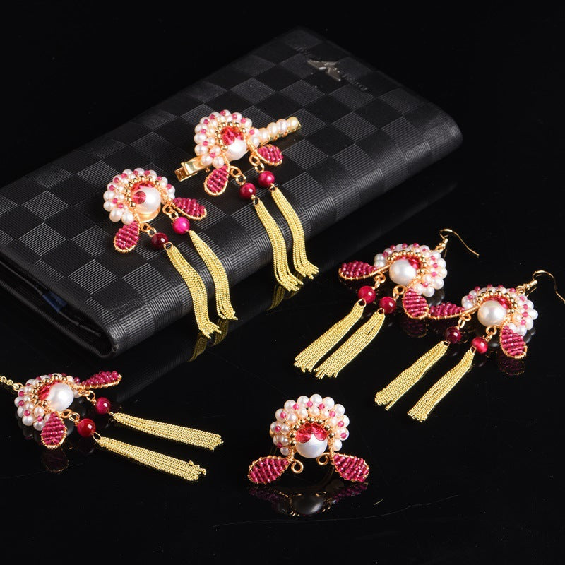 Handmade Necklace Earrings hairclip set Natural Pearl Reteo Culture Peking Opera Mask - Duo Fashion