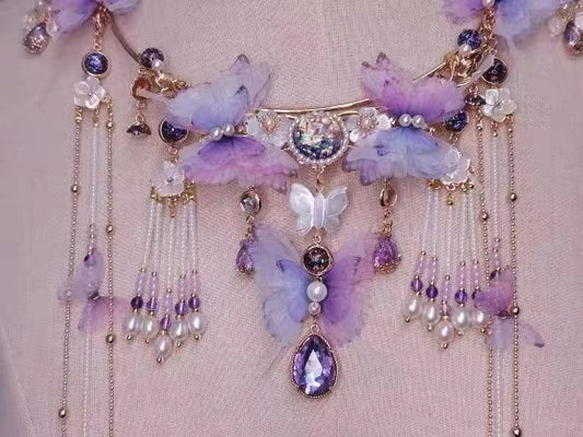 Collar de mariposa de fantasía hecho a mano, diamantes de color púrpura, regalo personalizado, accesorios personalizados