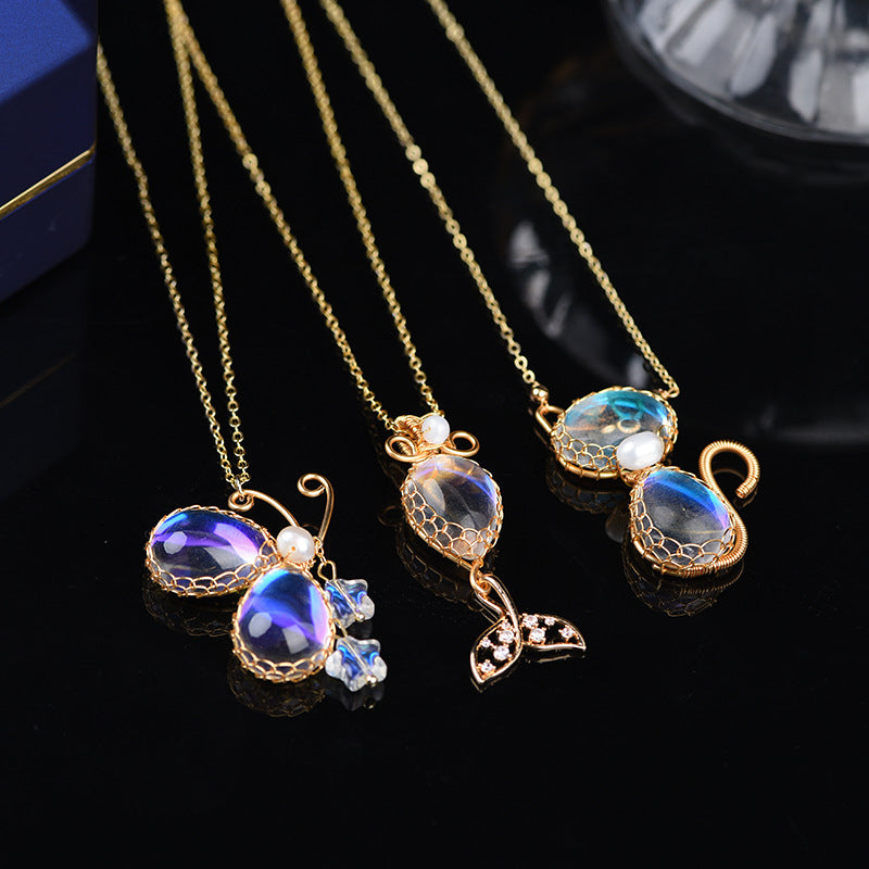 Handmade diy fashion moonstone crystal necklace cute butterfly whale cat animal custom birthday gift