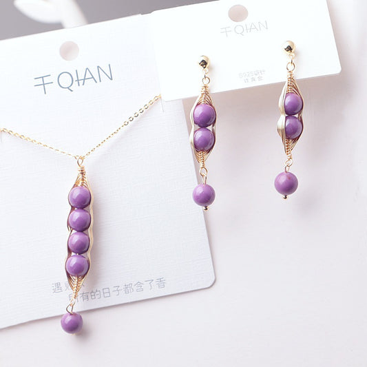 Handmade diy kalung fashion perhiasan manik-manik kristal mewah ungu kacang polong anting set hadiah ulang tahun kustom