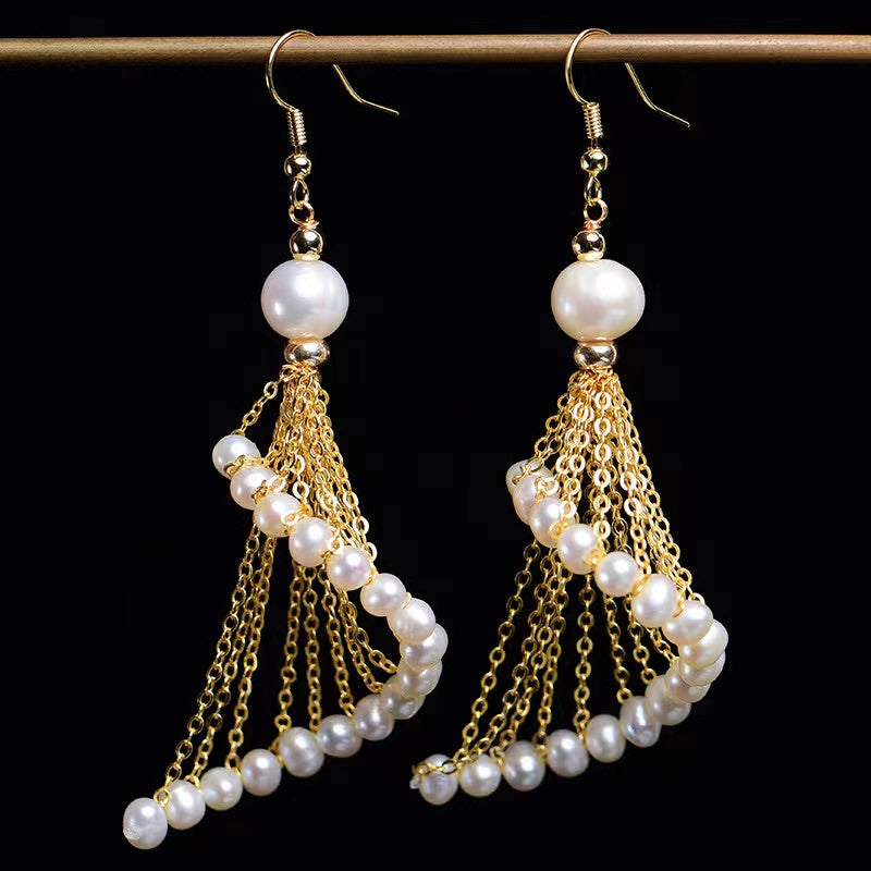 Womens Earrings Handmade Lightweight Jewelry with Tassels White Pearls - Duo Fashion